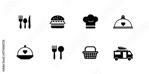 Collection of  simple black food and restaurant icons on a white background