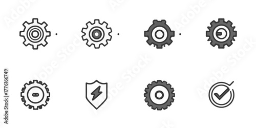 Collection of eight stylized gear and shield icons representing engineering mechanics and security concepts