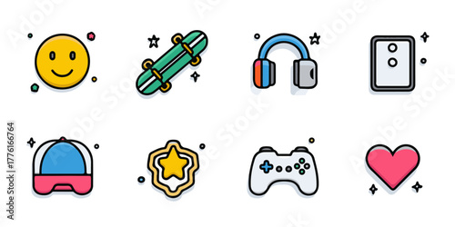 Collection of colorful cartoon icons representing youth culture and entertainment