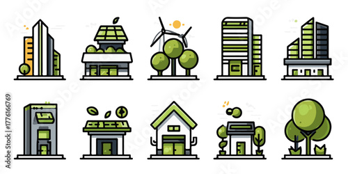 Collection of stylized eco friendly buildings and green energy icons representing sustainable architecture and urban development