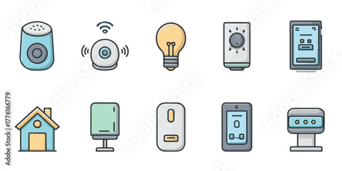Collection of hand drawn icons representing smart home technology and connected devices