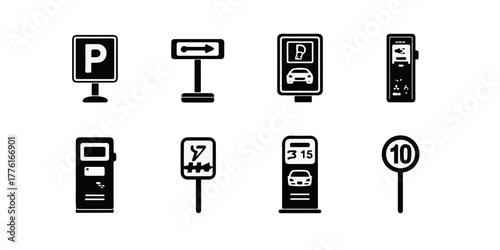 Collection of black and white icons representing parking signs and information kiosks