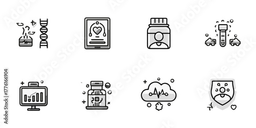 Collection of medical and scientific icons representing research innovation and health technology