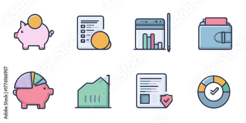 Collection of financial icons representing savings investment growth and security