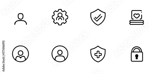 Collection of simple line icons representing user profile settings security and protection concepts