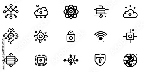 Collection of thin line icons representing technology data security and connectivity concepts