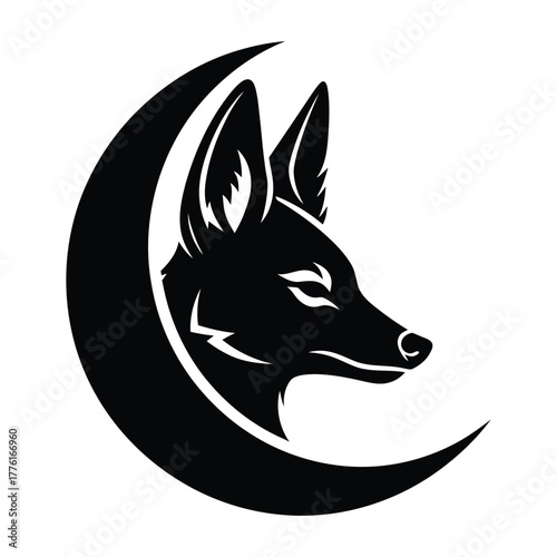 Golden Jackal Fox head black silhouette with large crescent moon icon