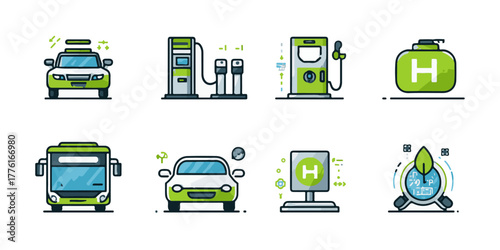 Collection of green energy transportation icons including electric cars bus and charging stations