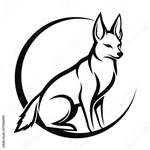 Golden Jackal sitting outline inside crescent circle vector logo