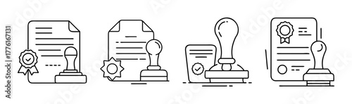 Official certification, contract document, and stamp line icons set.