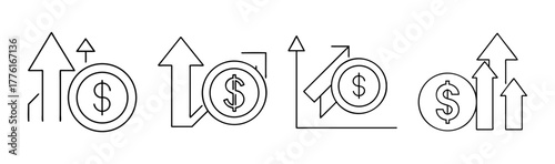 Financial growth line icon set dollar coin business profit success