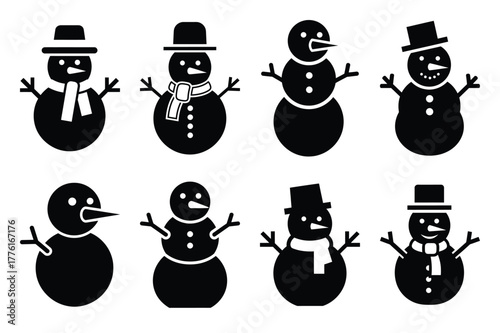 snowman simple vector icon set. christmas silhouette icons on black color and white background.