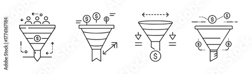 Marketing and sales funnel vector line icons set for business process