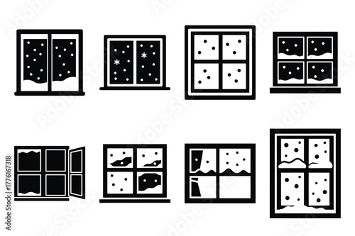 snowy window simple vector icon set. christmas silhouette icons on black color and white background.