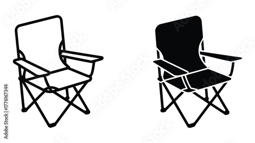 Vector art of Camping chair line and silhouette portable folding seat for outdoor activity, picnic, fishing, or travel comfortable furniture icon