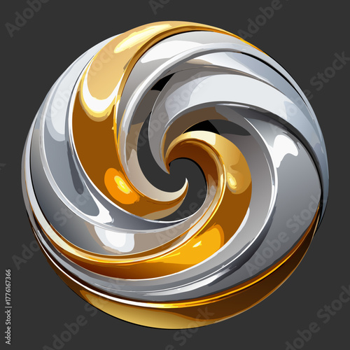 A dynamic, abstract circular form with swirling metallic bands of gold and silver against a dark background.