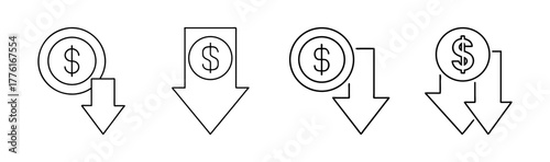 Dollar coin with down arrow icon set symbolizing cost reduction.