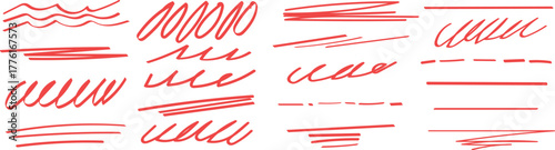 Collection of red marker scribbles and lines on white background variety of red marker strokes, including scribbles, lines, and dashes, are scattered across a clean white background