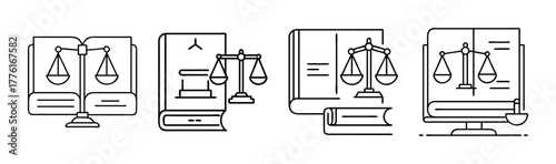 Legal justice vector icons set showing law books, scales, and court