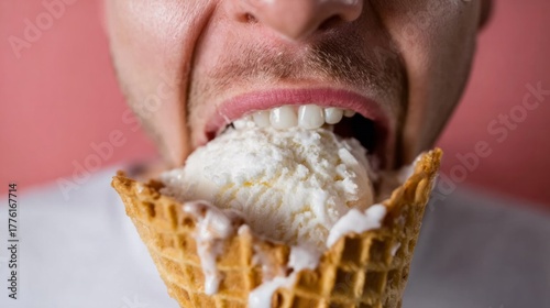 Photos Close-up of melting vanilla ice cream in a waffle cone, a European man savoring