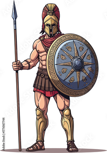Powerful spartan warrior standing ready for battle with spear and shield design