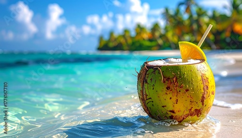 Fototapeta Naklejka Na Ścianę i Meble -  Coconut drink with straw and orange slice on white sand beach by turquoise ocean, palm trees behind in bright light