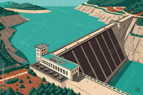 Aerial view of a flat, geometrically shaped peninsula in a reservoir.