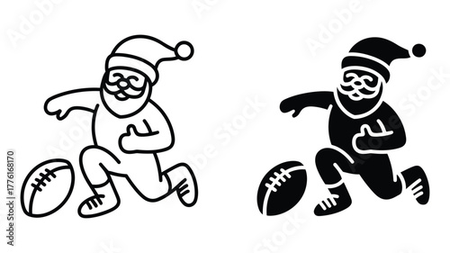 Santa claus running with a rugby ball christmas and sport concept vector illustration in black and white