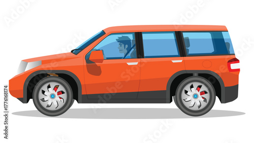 Concept vector illustration of detailed side of a flat van car orange color. Can view interior of car with driver. Seven seat multi purpose vehicle.