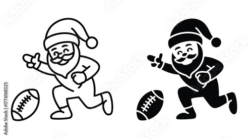 Santa claus running with a rugby ball christmas and sport concept vector illustration in black and white