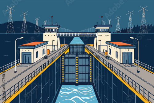 Top view of an industrial intake channel leading to turbines.