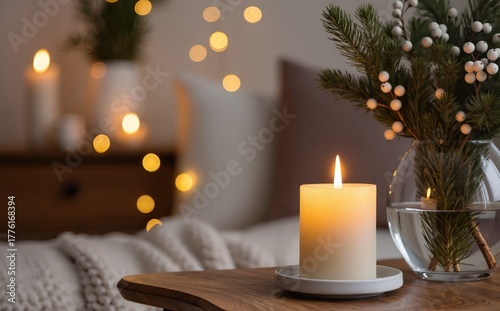 Intimate winter setting with soft lighting, Enchanting seasonal scene featuring candlelight and decorative elements