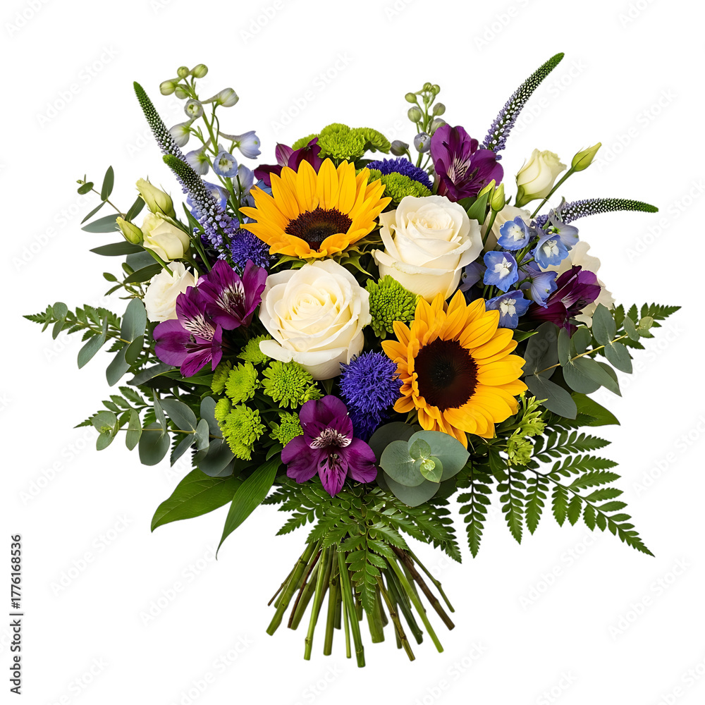 Naklejka premium Gorgeous bouquet with sunflowers and roses elegantly arranged on transparent background