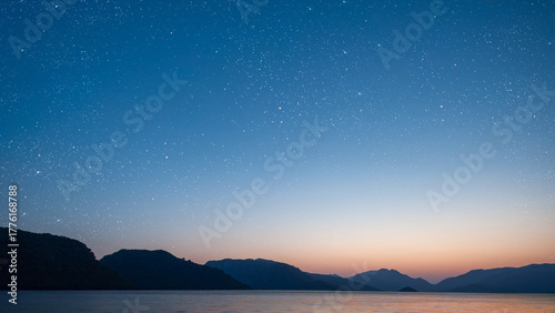 a a movement of stars in the night sky with the view of mountains.