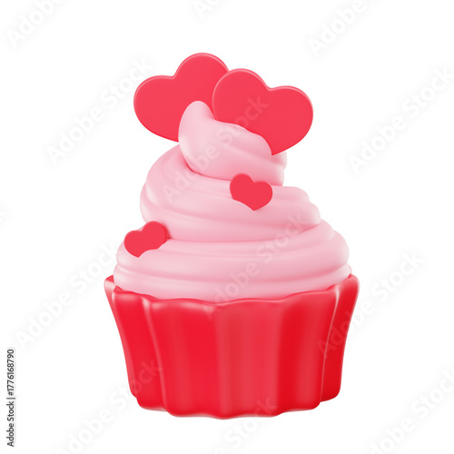 Delicious Pink Cupcake Adorned with Heart-Shaped Decorations for Valentine's Day and Romantic Celebrations