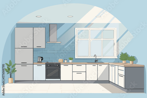 Wide view of modern kitchen with sunlight through.