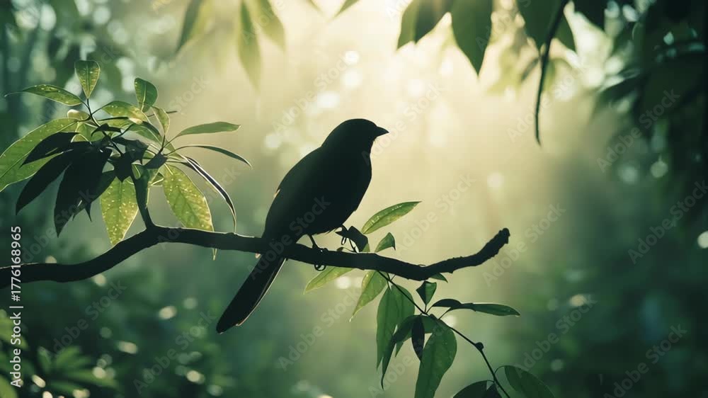 A bird is perched on a branch in a forest. The bird is black and white. The branch is green. A delicate silhouette of a bird perched on a tree branches