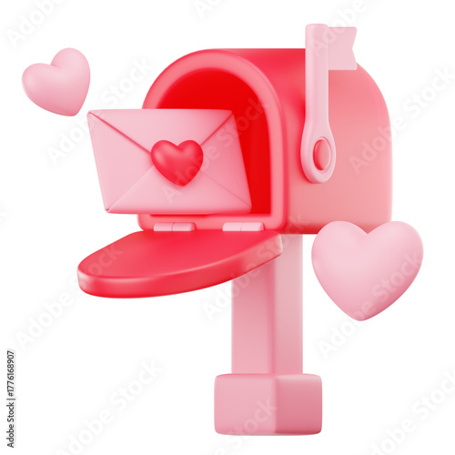 Cute 3D illustration of a pink postbox receiving a romantic envelope sealed with a red heart. A sweet and glossy vector graphic for Valentine's Day, love, and communication