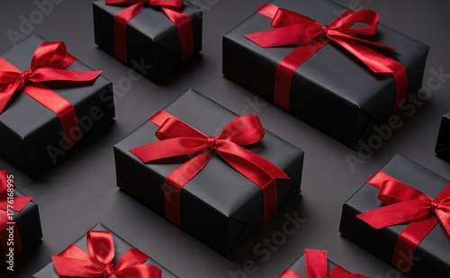 Chic collection of darkcolored containers decorated with crimson bows for luxury events and upscale store showcases