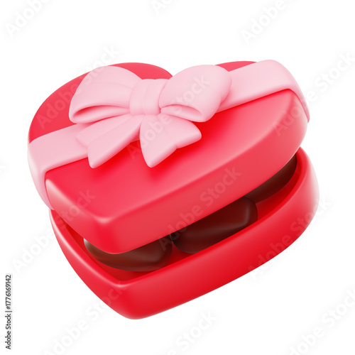 A delightful 3D rendered illustration of a red heart-shaped gift box, open to reveal chocolates and tied with a lovely pink bow, symbolizing love and romance