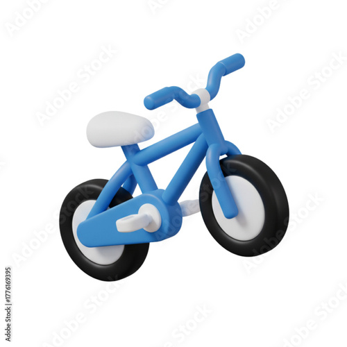 Stylized 3d icon of a blue children's first bicycle. A vector graphic illustration of a kids' tricycle or balance bike, isolated for web and print design