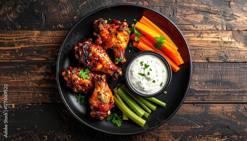 Gourmet Chicken Wings Appetizer Platter With Ranch Dip Carrots And Green Beans Served On A Dark Wooden Table
