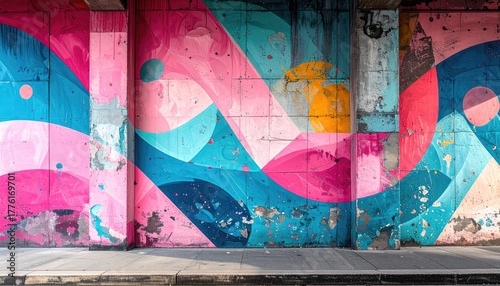Graffiti Mural On Textured Concrete Wall With Abstract Shapes In Pink Blue Yellow And Teal Colors Under Sunlight