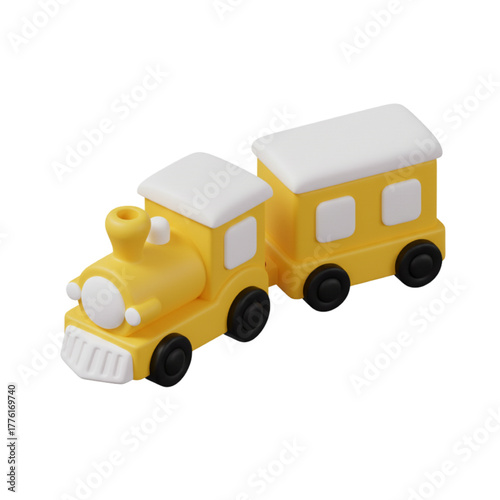 Charming 3D illustration of a yellow toy train with a passenger car. This cute, cartoon-style locomotive is isolated on a white background, perfect for children's designs and playtime themes