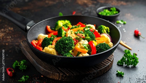 Colorful vegetable stir-fry, including broccoli, cauliflower and red peppers, in a wok atop a round wooden trivet