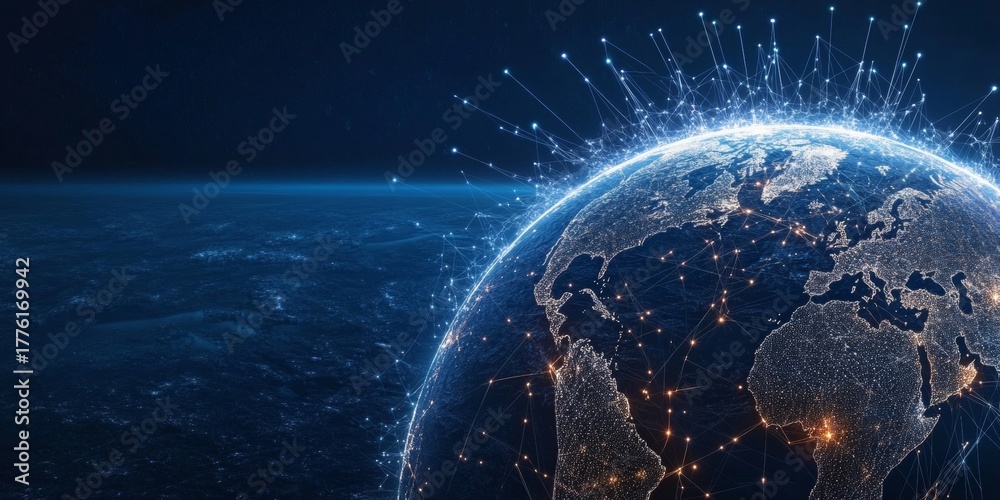 Obraz premium Global Earth Globe Emerging Tech Network, Connecting Futuristic Innovations and Radiance Worldwide