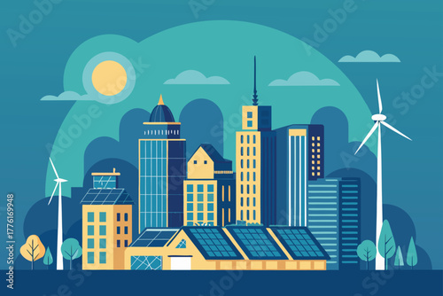 Futuristic city with solar rooftops and wind turbines.