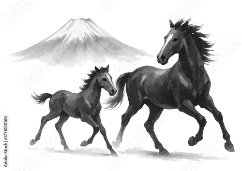 富士山と親子馬の水墨画シルエット年賀状素材