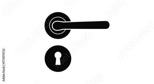 Black silhouette of a modern door handle and keyhole against a white background