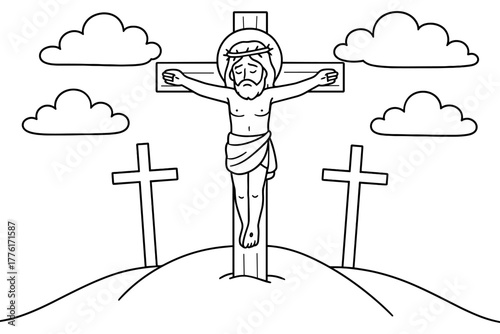 Crucifixion scene in linear style with cloud background and three crosses on hill